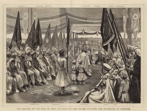 De kapittel van de Ster van India in Calcutta, de prins die de Maharajah van Jodhpore investeert